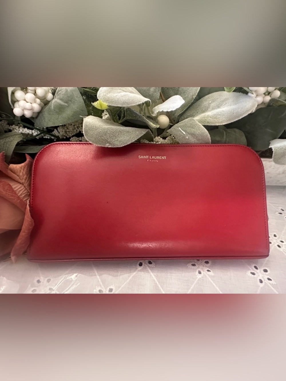 Pre loved Saint Laurent Red Leather Zip-Around Wallet with Gold Logo
